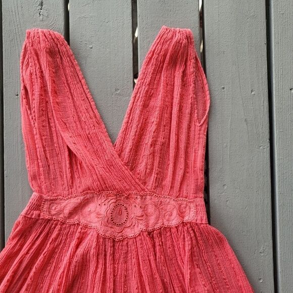 Vintage Coral Embroidered Surplice Ruffle Hem Gauzy Boho Festival Mini Dress S/M - Picture 4 of 5